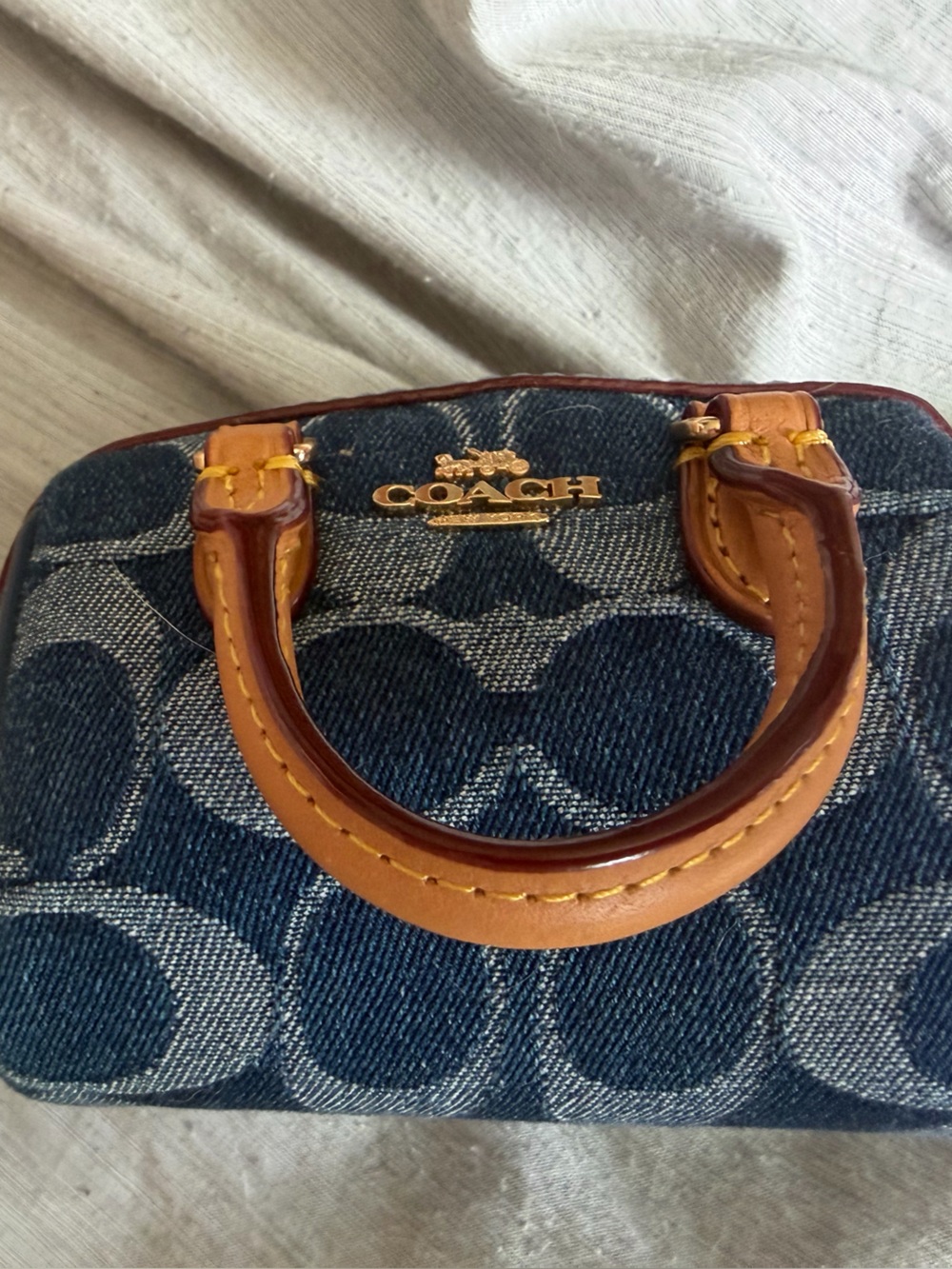 COACH Denim Mini Rowan with Tan Leather Handles